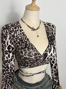 SHEIN Unity Áo quấn tay dài họa tiết da báo cho nữ, trang phục thường ngày phong cách Y2K, cổ tay áo có họa tiết tương phản, mùa thu/đông - Nhiều màu - Xem 6