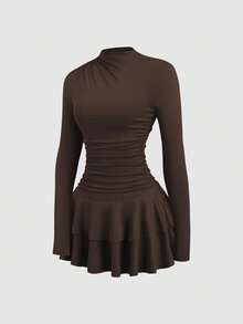 SHEIN PETITE Vestido vintage de manga larga, cuello alto y cintura fruncida en color rojo para mujer, otoño/invierno - Café - Ver 3