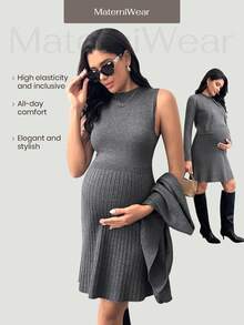 MaterniWear 孕妇休闲通勤开衫和毛衣连衣裙套装，秋冬 - 深灰色 - 查看 2