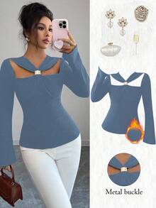 Elenzga 女士优雅通勤纯色镂空喇叭袖T恤 - 霧霾藍 - 查看 1