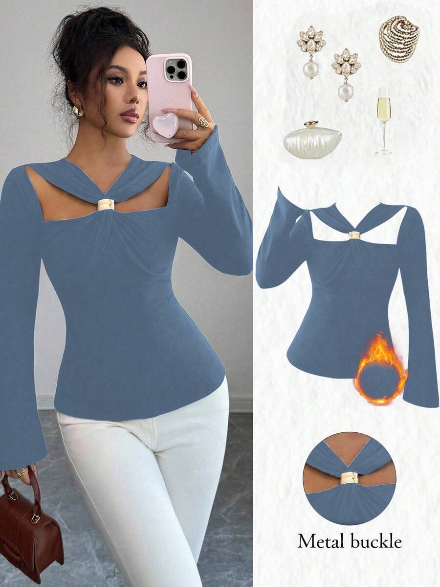 Elenzga 女士优雅通勤纯色镂空喇叭袖T恤 - 霧霾藍 - 查看 1