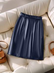 GlowEve Women's Solid Color Front Button Closure Skirt, Suitable For Commuting - Navy Blue - View 2