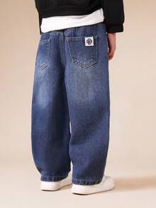 SUMWON Flame Pattern Wide Leg Denim Jeans With Side Flame Graphics For Boys - Blue - View 2