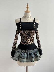 Elamini Blusa de manga larga con hombros descubiertos con estampado de leopardo, estilo Y2K para uso casual diario, con estampado de leopardo en contraste - Multicolor - Ver 7