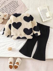2pcs/Set Baby Girls Heart Pattern Knitted Fluffy Sweater And Fleece Bell-Bottom Pants,Black Autumn Cute Family Matching Winter Outfits For Daily Wear - Multicolor - View 2