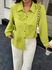 Easura Plus Size Women Fluorescent Green 3D Floral Decor Long Sleeve Elegant Blouse - Olive Green - View 6