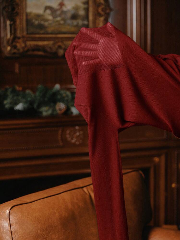 Elegant V-Neck Solid Color Knitted Slim Fit Stand Collar Sweater For Women, Autumn/Winter