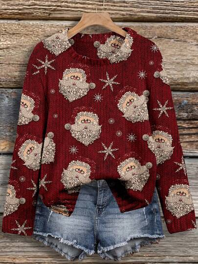 EMERY ROSE Pullover tricoté casual pour femmes, convient pour l'automne/l'hiver, imprimé Père Noël