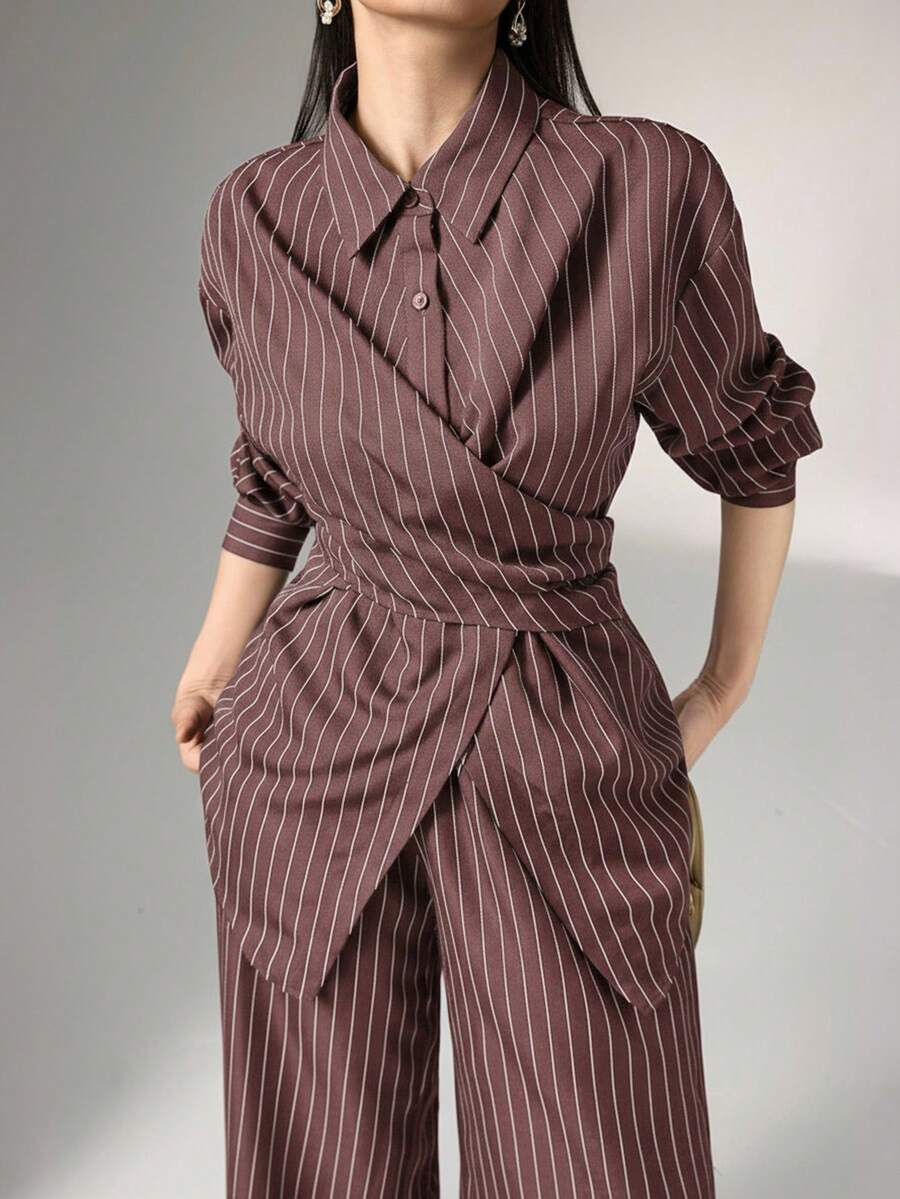 Heiryn Korean Style Cinched Waist Wrap Shirt Two Pieces Set, Versatile For Commute And Daily Wear - Dusty Pink - View 1