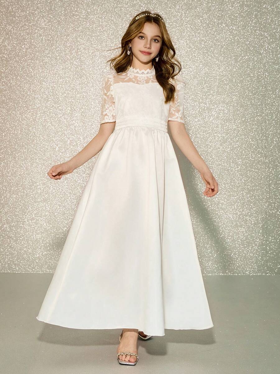 Satin Lace Patchwork Embroidered Mesh Dress, High-End White Formal Dress For Tween Girl - White - View 1