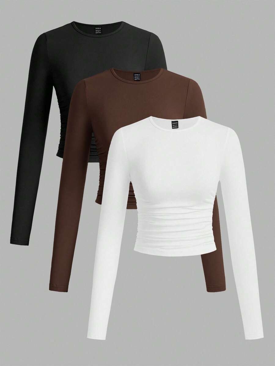 SHEIN EZwear 3件套女士休闲纯色圆领褶皱长袖T恤，秋冬季 - 彩色 - 查看 1