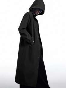 LYSMO 2025新款极简秋季女式休闲黑色纽扣连帽风衣，适合作为外套、街头服饰、飞行员夹克、返校雨衣、女士长款外套和鼠尾草黑色连帽雨衣，男女皆宜 - 黑色 - 查看 7