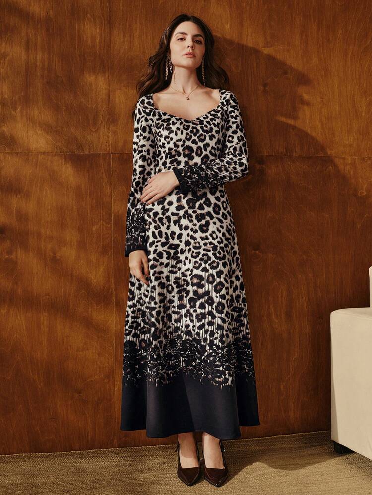 Leopard Print Ombre Long Sleeve Elegant Dress For Women