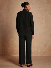 Vesra Women's Fashion Gold Decor Button Long Sleeve Top And Pants 2 Pieces Set Black Button Up Shirt - Black - View 2