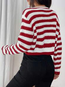 SHEIN PETITE Fashionable Casual Versatile Striped Textured Women Cardigan Sweater - Red and White - View 2