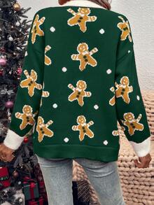 LanaWest Women's Colorblock V-Neck Drop Shoulder Gingerbread Man Jacquard Knit Cardigan - Green - View 2