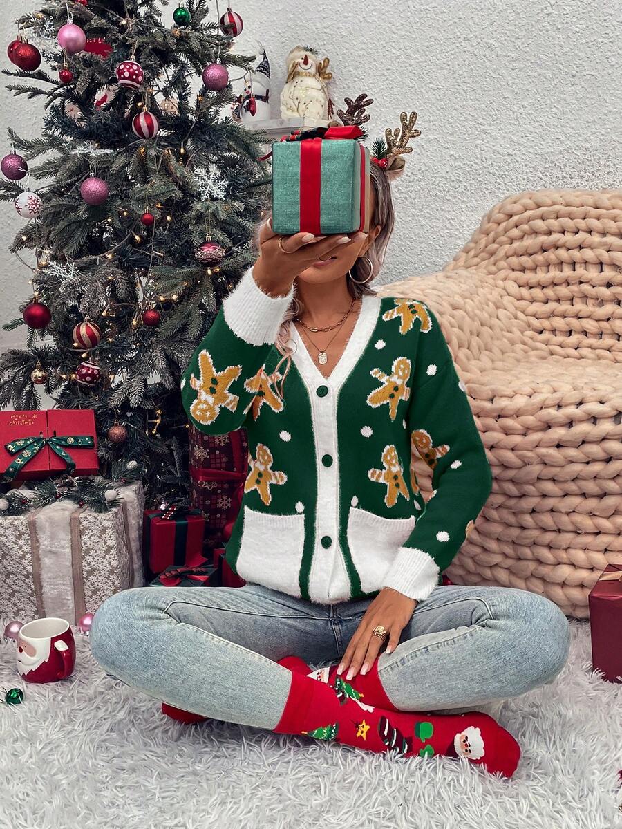 LanaWest Women's Colorblock V-Neck Drop Shoulder Gingerbread Man Jacquard Knit Cardigan - Green - View 1