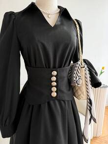 SHEIN LUNE فستان أنيق للنساء بلون أحادي وياقة على شكل حرف V وربطة خصر - الأسود - مشاهدة 5