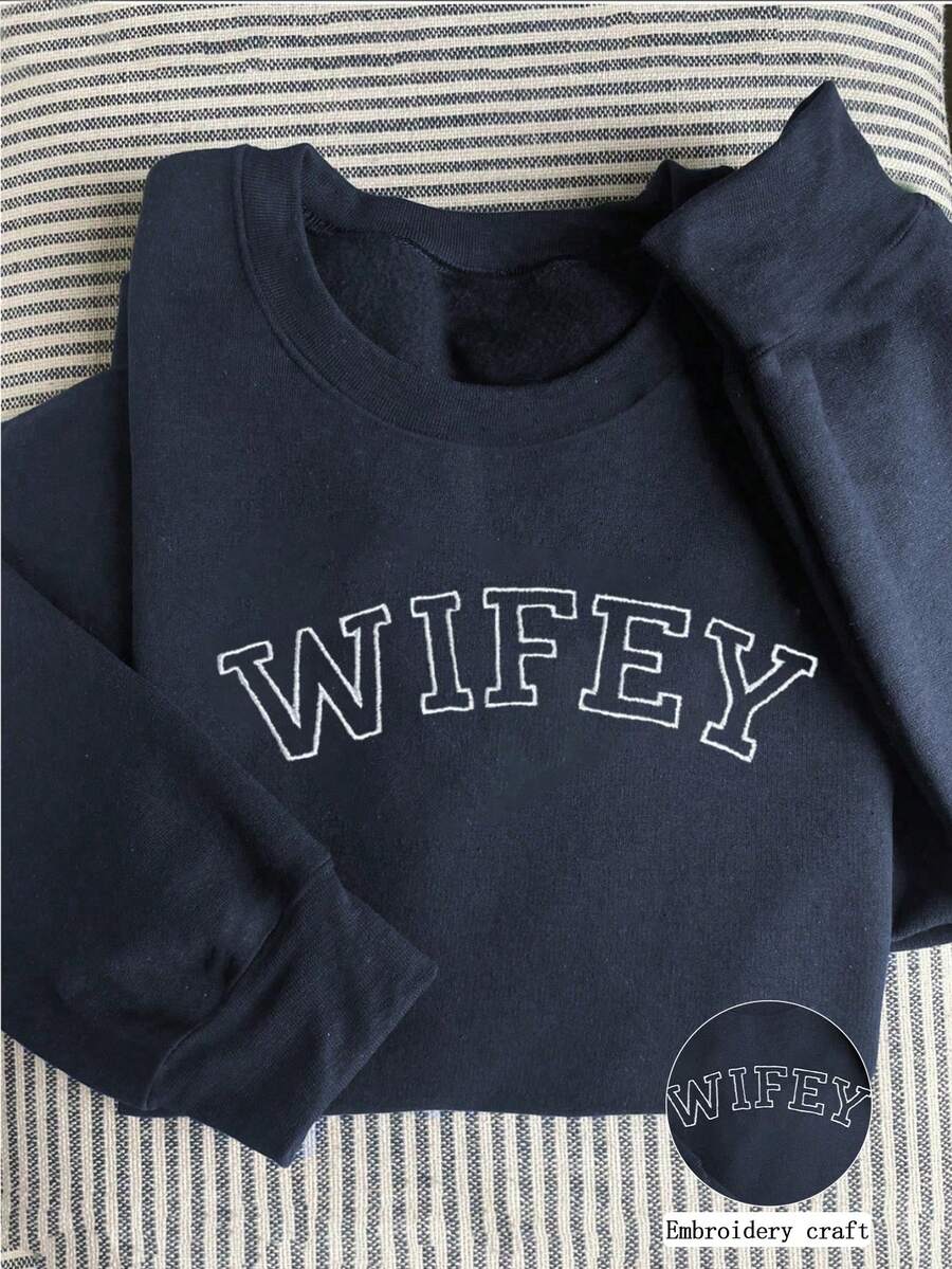 INAWLY Fall Vintage Contrast Slogan Embroidered Crew Neck Contrast Pattern Sweatshirt, Wife's Gift - Navy Blue - View 1