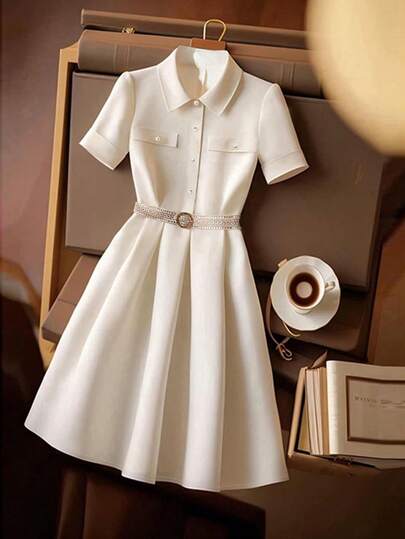 GlowEve 女士纯色纽扣短袖优雅衬衫裙