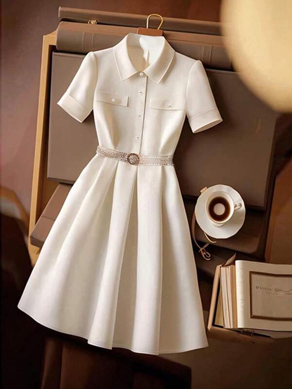 GlowEve Women's Solid Color Buttoned Short Sleeve Elegant Shirt Dress