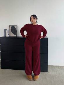 Flirla 柔软舒适修身百搭休闲阔腿裤和长袖针织衫套装 - 酒紅色 - 查看 3