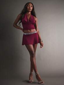Hauture Sexy Party Night Out Halter Backless Plunge Neck Top - Burgundy - View 7