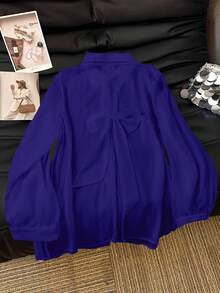 GlowEve CURVE Camisa de manga larga con botones delanteros de unicolor casual de talla grande, otoño - Azul Marino - Ver 1