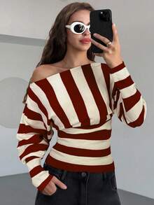 Aloruh Asymmetric Shoulder Black & White Striped Batwing Sleeve Cinched Waist Tight Fitted Young Lady Sweater - Burgundy - View 4
