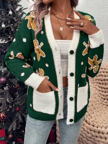 LanaWest Women's Colorblock V-Neck Drop Shoulder Gingerbread Man Jacquard Knit Cardigan - Green - View 4