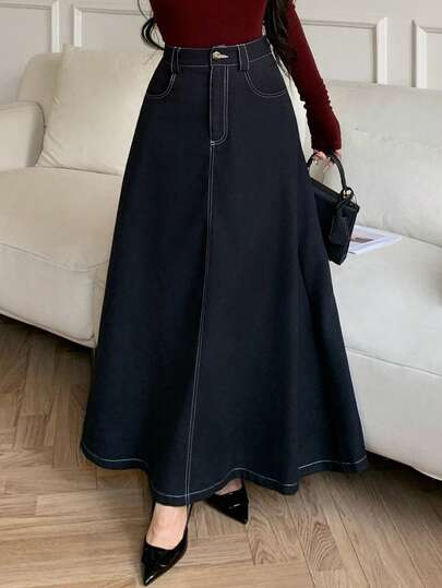 Feyla 新款复古撞色收腰显瘦A字伞裙，时尚韩版