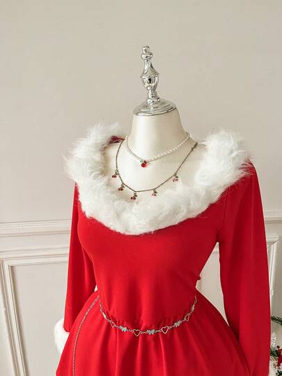 SHEIN EZwear 2025 Autumn/Winter Christmas Outing, Date, Casual, Commute, Party, Home, Fashionable Urban, Multi-Scenario, Versatile, Can Be Worn Outerwear Or Underlayer, White Fur Collar Splice, Warm Feeling, Red, Plus Size Jumpsuit