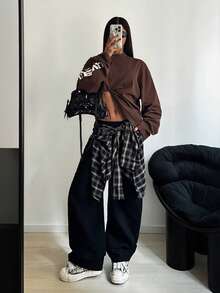 StreetHx Women's Casual Vacation Street Dance Style Patchwork Plaid Elastic Waist Straight Leg Jeans - Black - View 8