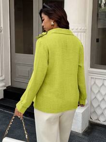 Easura Plus Size Women Fluorescent Green 3D Floral Decor Long Sleeve Elegant Blouse - Olive Green - View 2