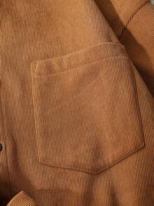 Franclia 加厚保暖内衬，韩版宽松版型，时尚青春，百搭卡其色灯芯绒撞色保暖内衬长袖翻领纽扣设计，单口袋，秋冬女式衬衫/外套。 - 卡其色 - 查看 6