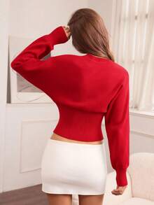 Hanevo Casual Round Neck Drawstring Waist Slim Fit Solid Color Knit Sweater, Versatile For Autumn/Winter - Red - View 2