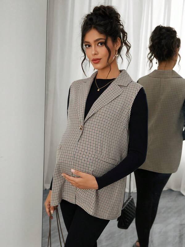 SHEIN Plaid Vest Blazer Collar Maternity Regular Jacket