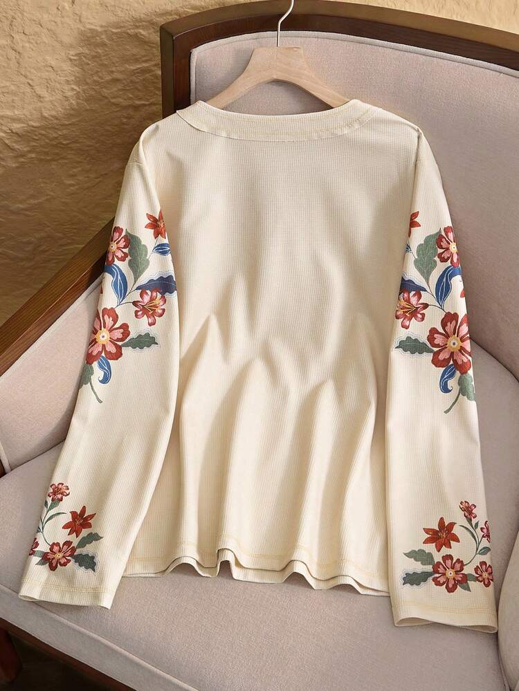 Plus Size Floral Print Long Sleeve T-Shirt, Casual Autumn Winter For Women Country Style For Women Country Concert