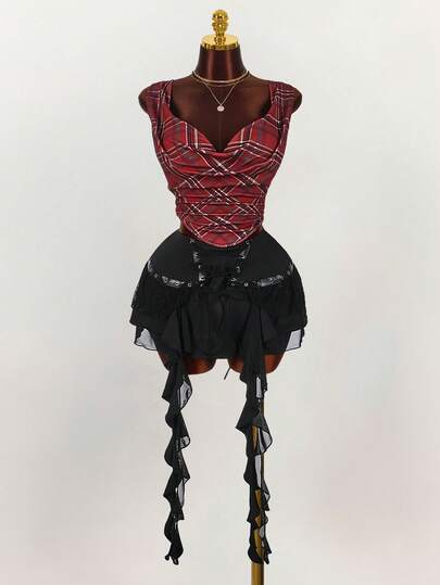 Amplova Plus Size Women Plaid Sleeveless Casual Blouse