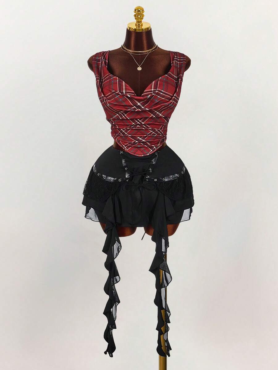 Y2K Amplova Plus Size Women Plaid Sleeveless Casual Blouse/Christmas Criss Cross Top Red Checkered Top Red Plaid Top Plaid Two Piece Set Scarf Top