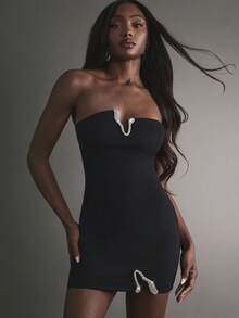 Hauture Sexy Party Night Out Glam Rhinestone Detail Mini Dress - Black - View 1