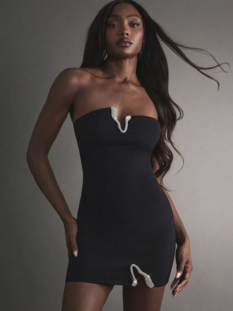 shop hot dresses for ladies night Hauture Sexy Party Out Glam Rhinestone Detail Mini Dress Mar6