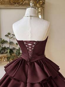 Lovelzi 优雅、浪漫、性感的黑色缎面面料，深 V 领，收腰，紧身胸衣，大量水钻装饰，有骨紧身胸衣，后背系带，A 字裙，褶皱设计，适合毕业典礼、学校开学、音乐节、生日派对、婚礼、舞会礼服 - 紫紅色 - 查看 7