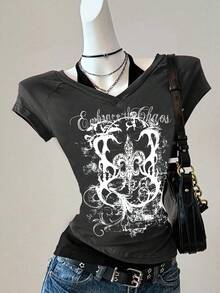 Attitoon Women's Casual Retro Punk Minimalist, Floral English Letter Distressed Print Pattern, V-Neck Halter Tie Short Sleeve Bodycon Dark Gray Contrast Color Short Sleeve T-Shirt, Comfortable For Autumn/Winter Graphic - Dark Grey - View 5