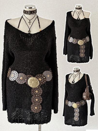 Sunspun Fall Autumn And Winter Plus Size Women Y2K Cottage Punk V-Neck Sweater Dress