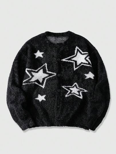 Men's Pentagram Pattern Long Sleeve Single-Breasted Casual Knit Cardigan, Autumn/Winter