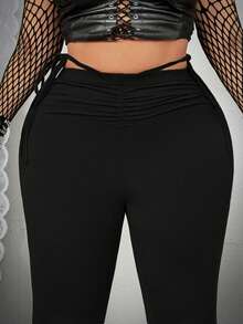 Flirla Fall Autumn And Winter  Grunge Punk Plus Size Fashionable Punk Ripped Lace-Up Flare Pants - Black - View 4