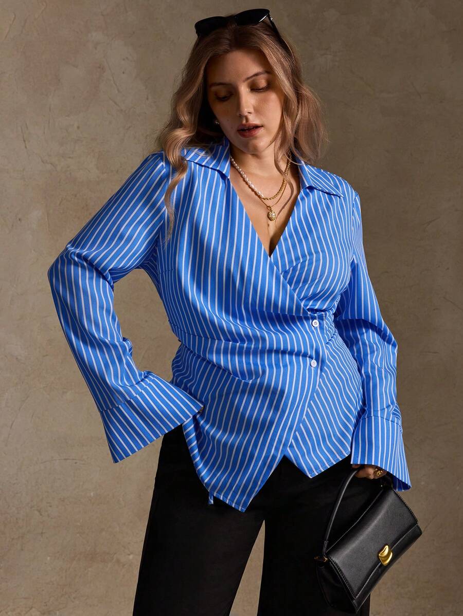 SHEIN LUNE Plus Size Women Asymmetric Hem Wrap Striped French Style Casual Shirt With Waist Gathering, Autumn/Winter - Blue - View 1