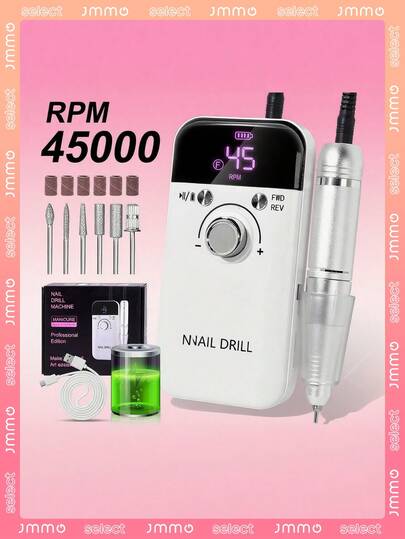 JMMO 专业 45000RPM 电动指甲钻 - 便携式、可充电、低噪音，适用于修甲和修脚 - USB 供电、锂电池、情人节礼物