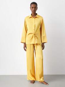 Maija 2pcs Women's Solid Color Drop Shoulder Long Sleeve Front Button Fashionable Shirt Set